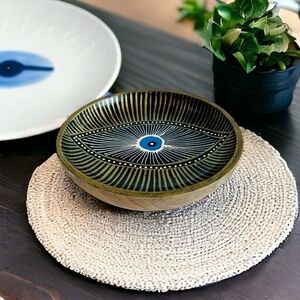 Unique Seeing Eye Wood Bowl Hand Painted Amulet Design 6" Organic Snack Dish VG
